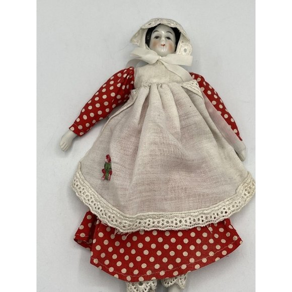 Porcelain Victorian Girl Doll Embroidered Red White Polka Dotted Dress Bonnet - Picture 9 of 15
